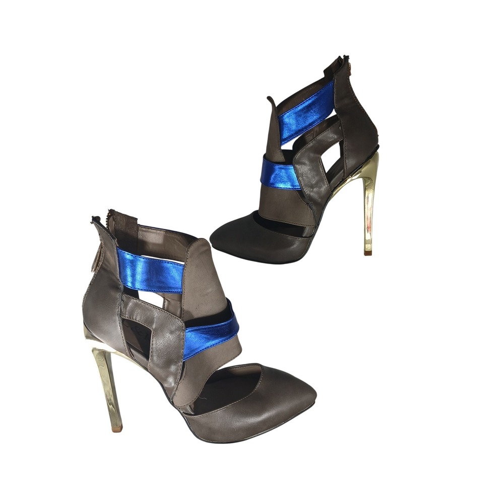 L&K Cutout Stiletto Heels 7.5 Brown Blue‎ Gold Metallic Futuristic Avant-Garde